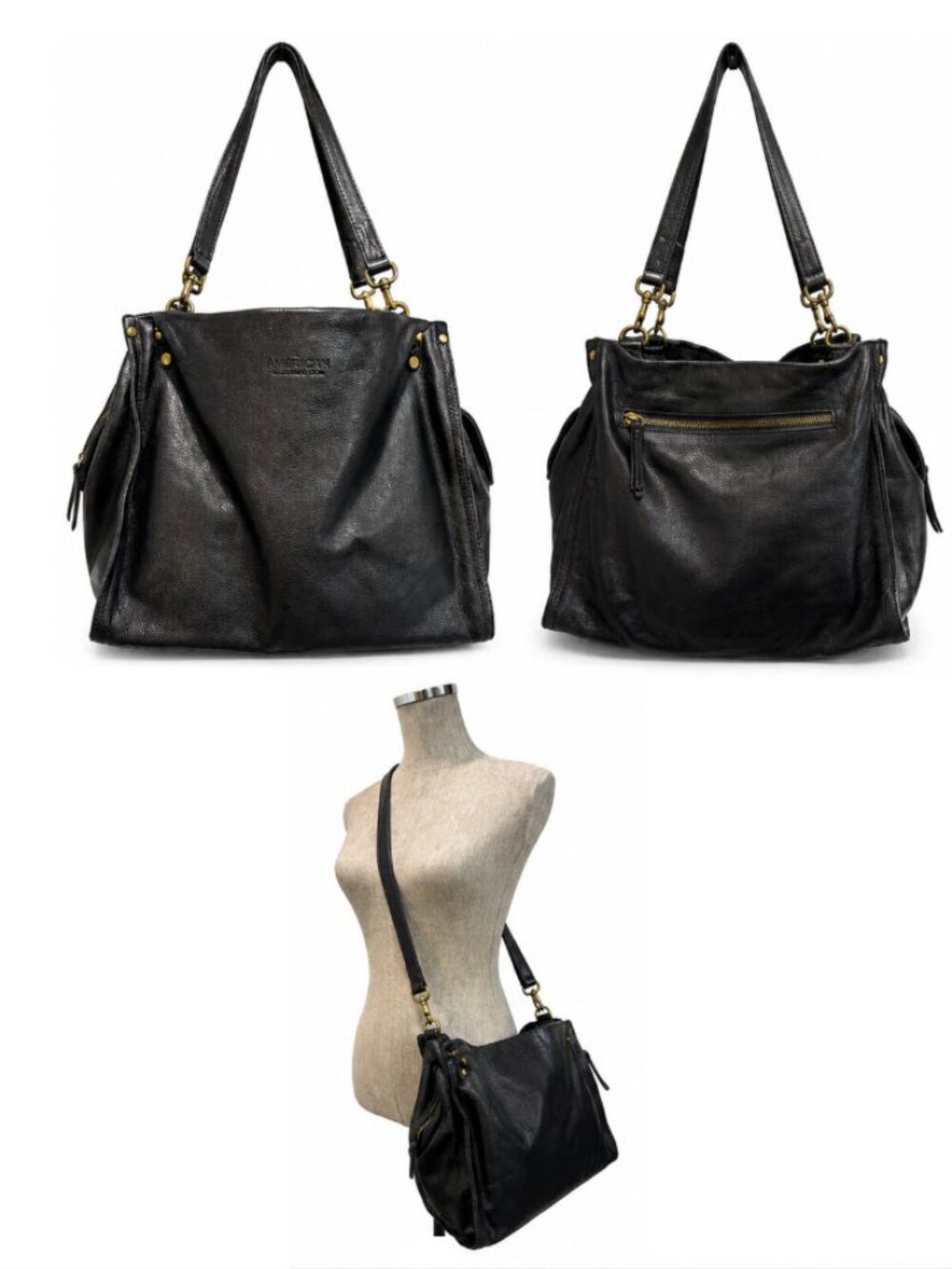 American Leather black pebbled leather shoulder bag Crossbody Removable Straps